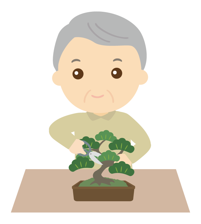 盆栽を楽しむ年配男性のイラスト
