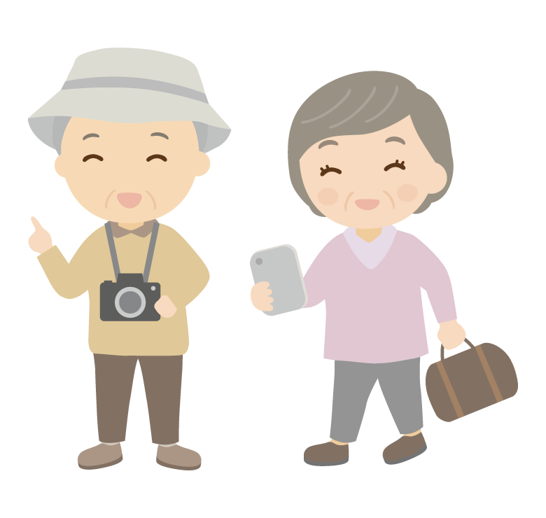 旅行を楽しむ年配夫婦のイラスト