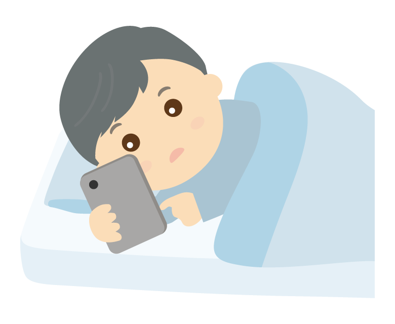 布団で寝ながらスマホを見ている男性のイラスト