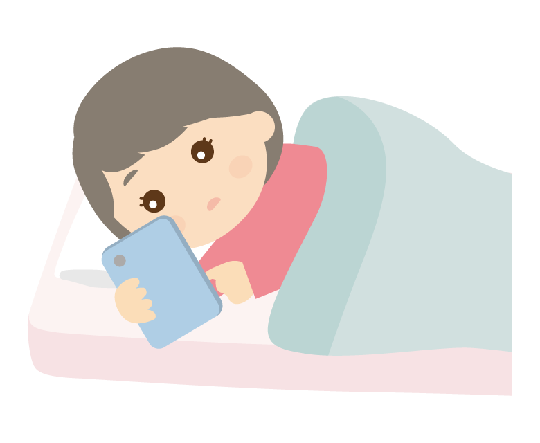布団で寝ながらスマホを見ている女性のイラスト