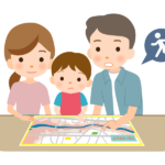 家族でハザードマップを確認しているイラスト
