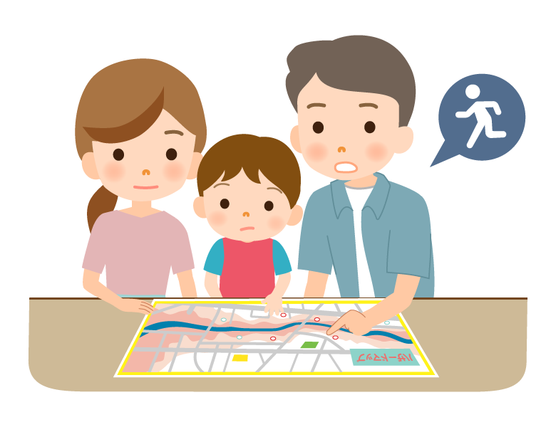 家族でハザードマップを確認しているイラスト