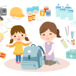 防災グッズを確認する家族のイラスト