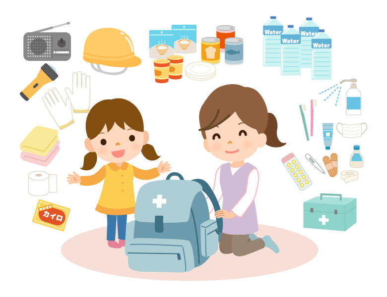 防災グッズを確認する家族のイラスト