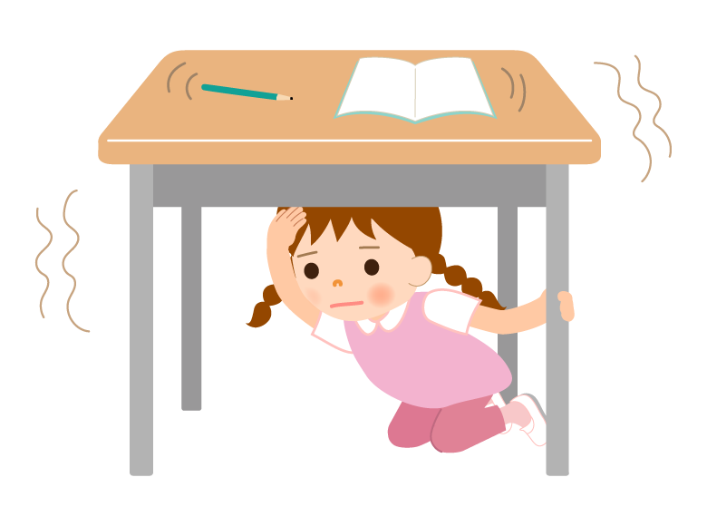 地震で机の下に移動する子どものイラスト