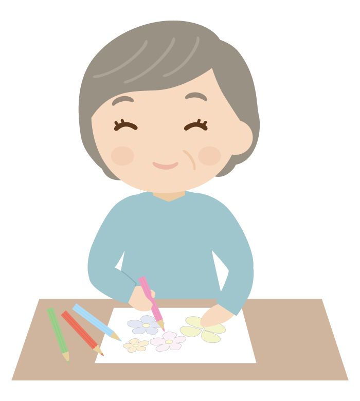 ぬりえを楽しむ年配者のイラスト