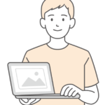 シンプルタッチのノートPCを持った男性のイラスト