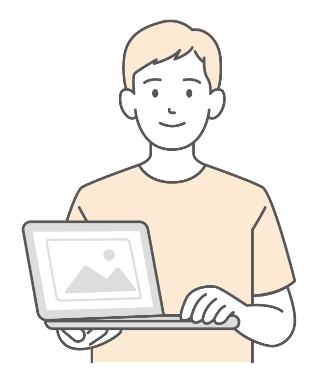 シンプルタッチのノートPCを持った男性のイラスト