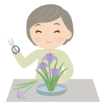 生け花を楽しむ年配女性のイラスト