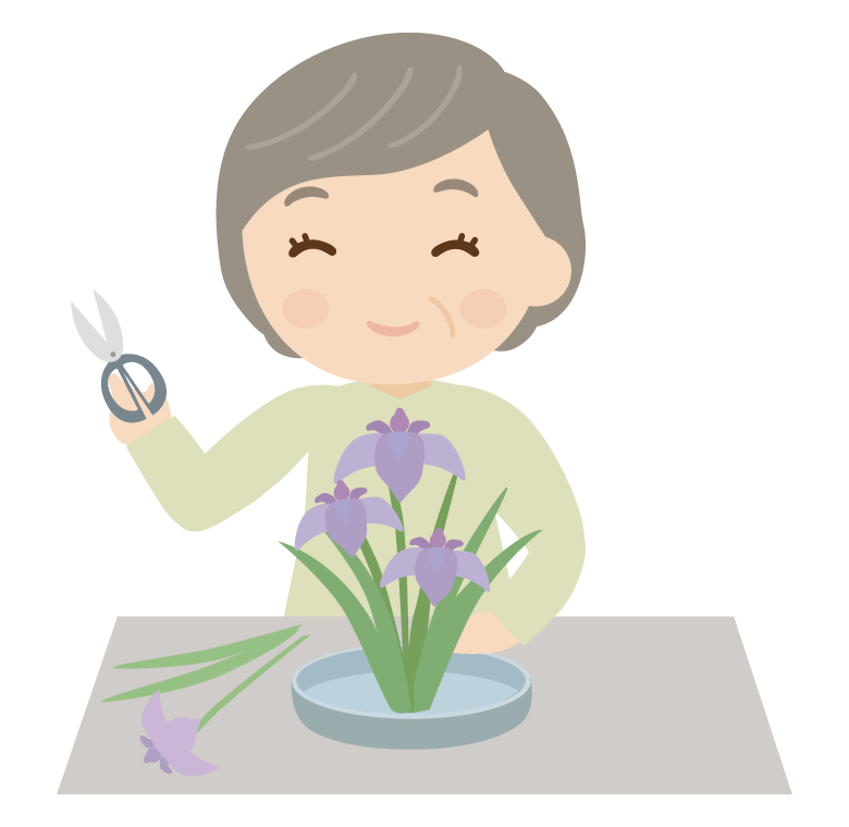 生け花を楽しむ年配女性のイラスト