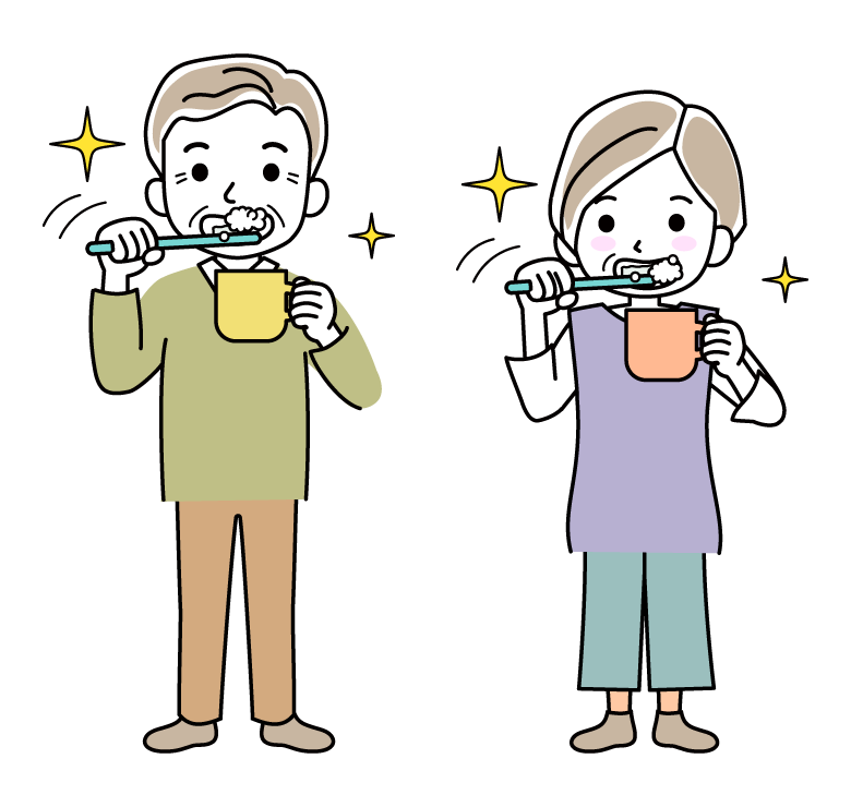 歯磨きをするシニア夫婦のイラスト